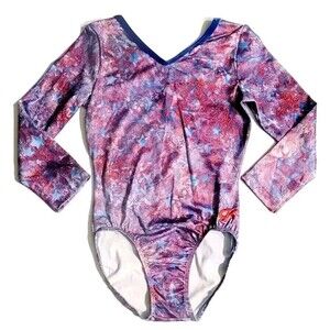 GK Essentials AXS Star Spangled Foil Leotard 3/4 Sleeve VTG Blue Red Adult XS